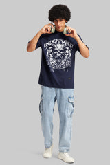 Skulled Navy Blue Oversized Fit T-Shirt Men Pic 3