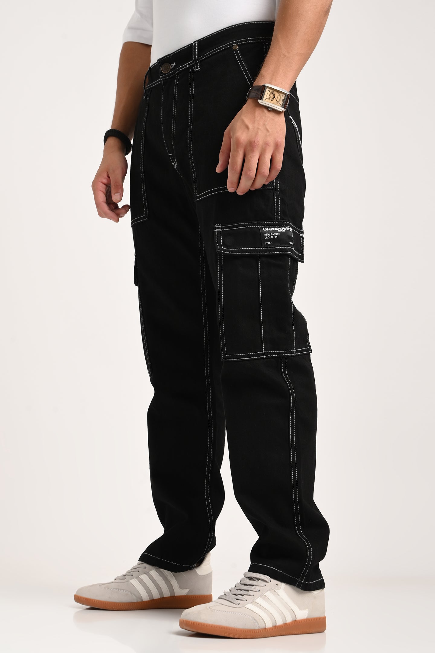 Black Cargo Jeans For Men - Mid Rise Regular Fit Pic 4