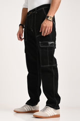 Black Cargo Jeans For Men - Mid Rise Regular Fit Pic 4