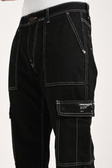 Black Cargo Jeans For Men - Mid Rise Regular Fit Pic 7
