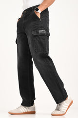 Black Cargo Jeans For Men - Mid Rise Relaxed Fit Pic 4