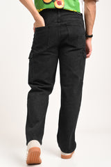 Jet Black Cargo Jeans For men - Mid Rise Relaxed Fit Pic 3