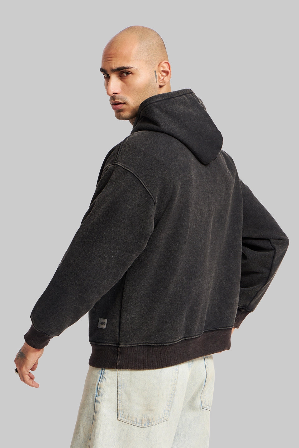 Acid Washed Black Printed Hoodie