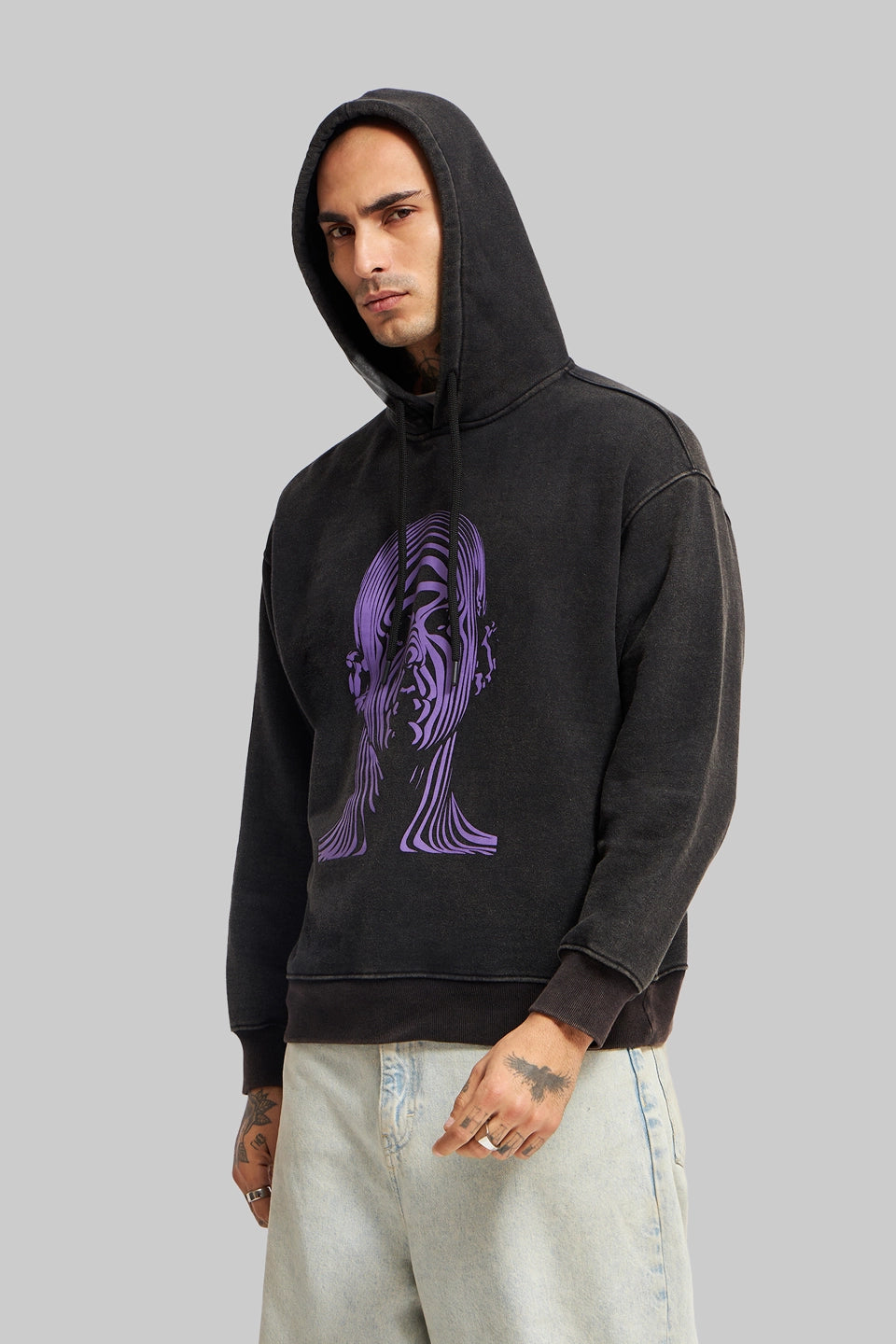 Acid Washed Black Printed Hoodie