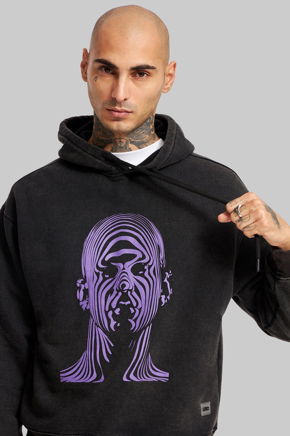 Acid Washed Black Printed Hoodie