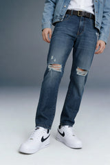 Dark Blue Mid Rise Distressed Men's Relaxed Jeans