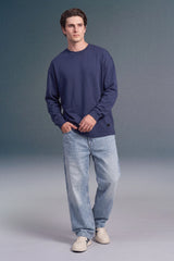 Navy Blue Solid Full Sleeves Oversized T-shirt