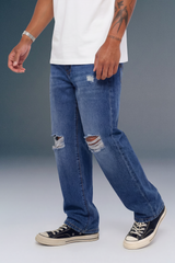 Blue Mid Rise Distressed Men's Relaxed Jeans
