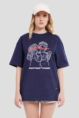 Partner N Crime Navy Blue Printed T-Shirt Women Oversized Fit