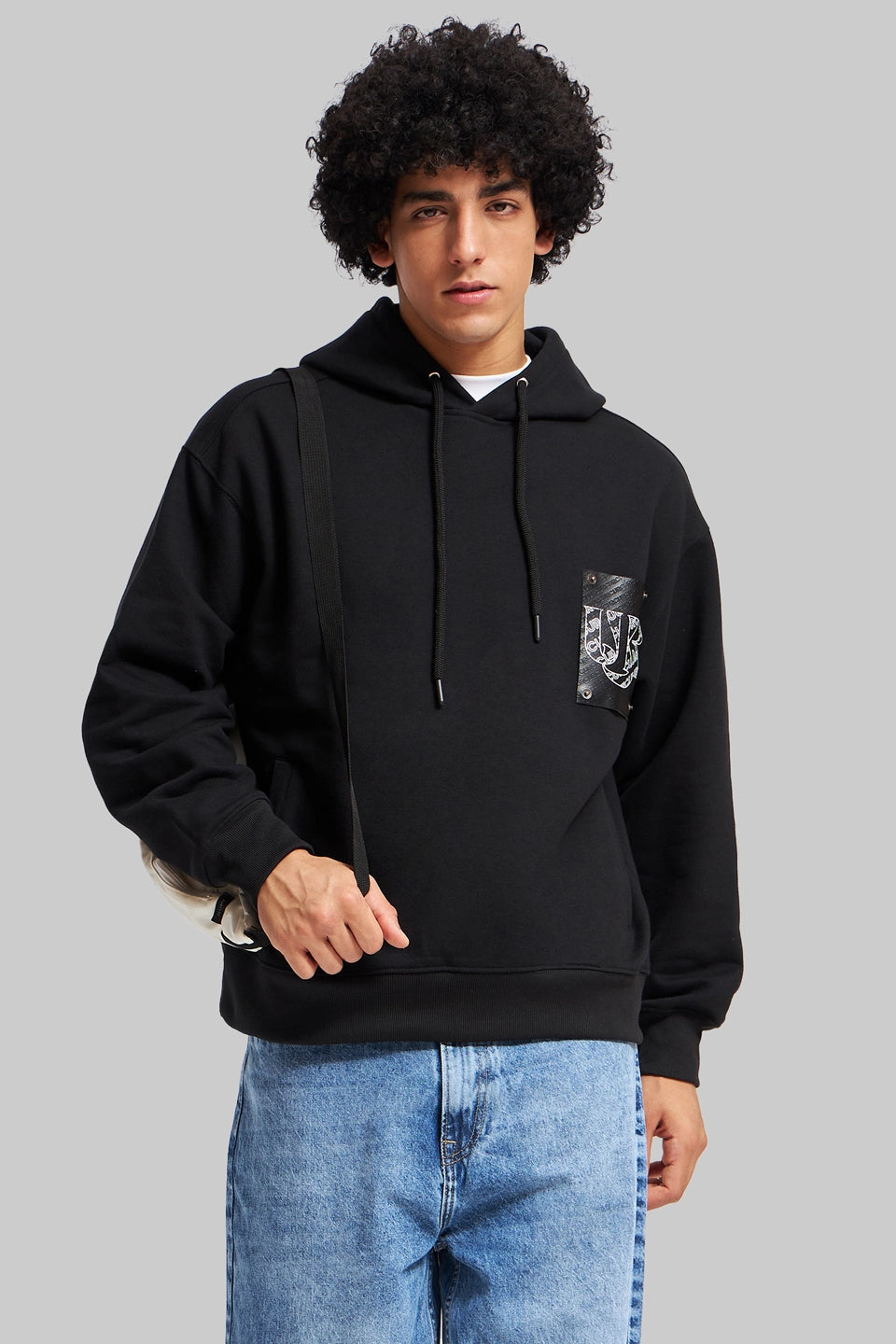 Black Leather Embossed Hoodie