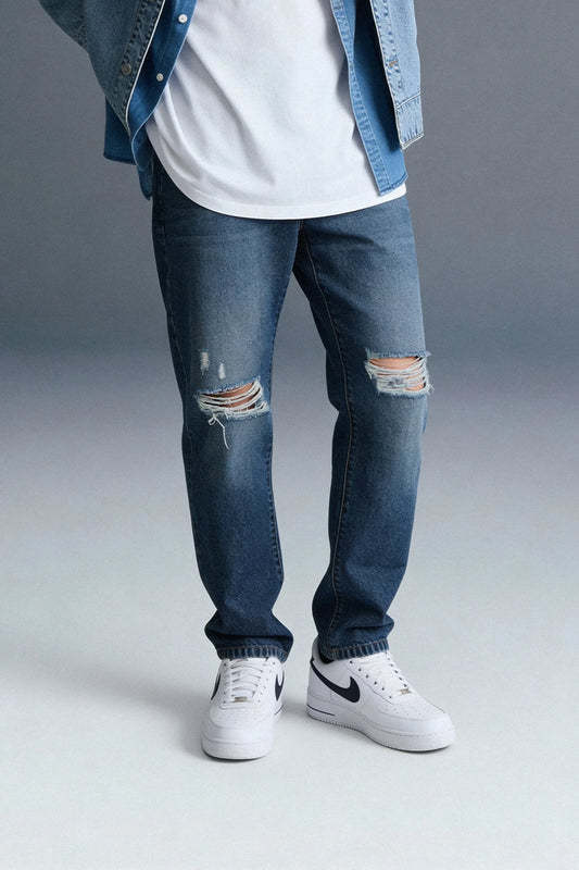 Dark Blue Mid Rise Distressed Men's Relaxed Jeans