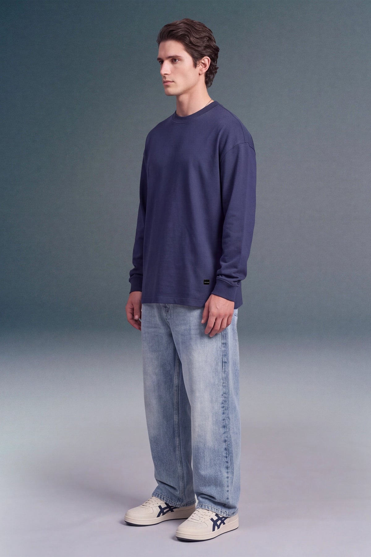 Navy Blue Solid Full Sleeves Oversized T-shirt