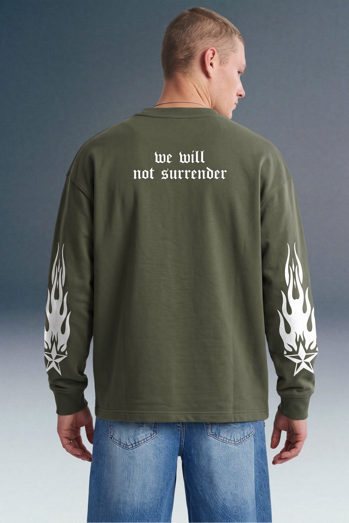 Not Surrender Olive green Full Sleeves Oversized T-shirt