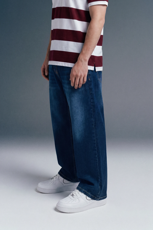 Classic Dark Blue Relaxed Fit Jeans for Men — Side View | Baggy Denim Silhouette | URC