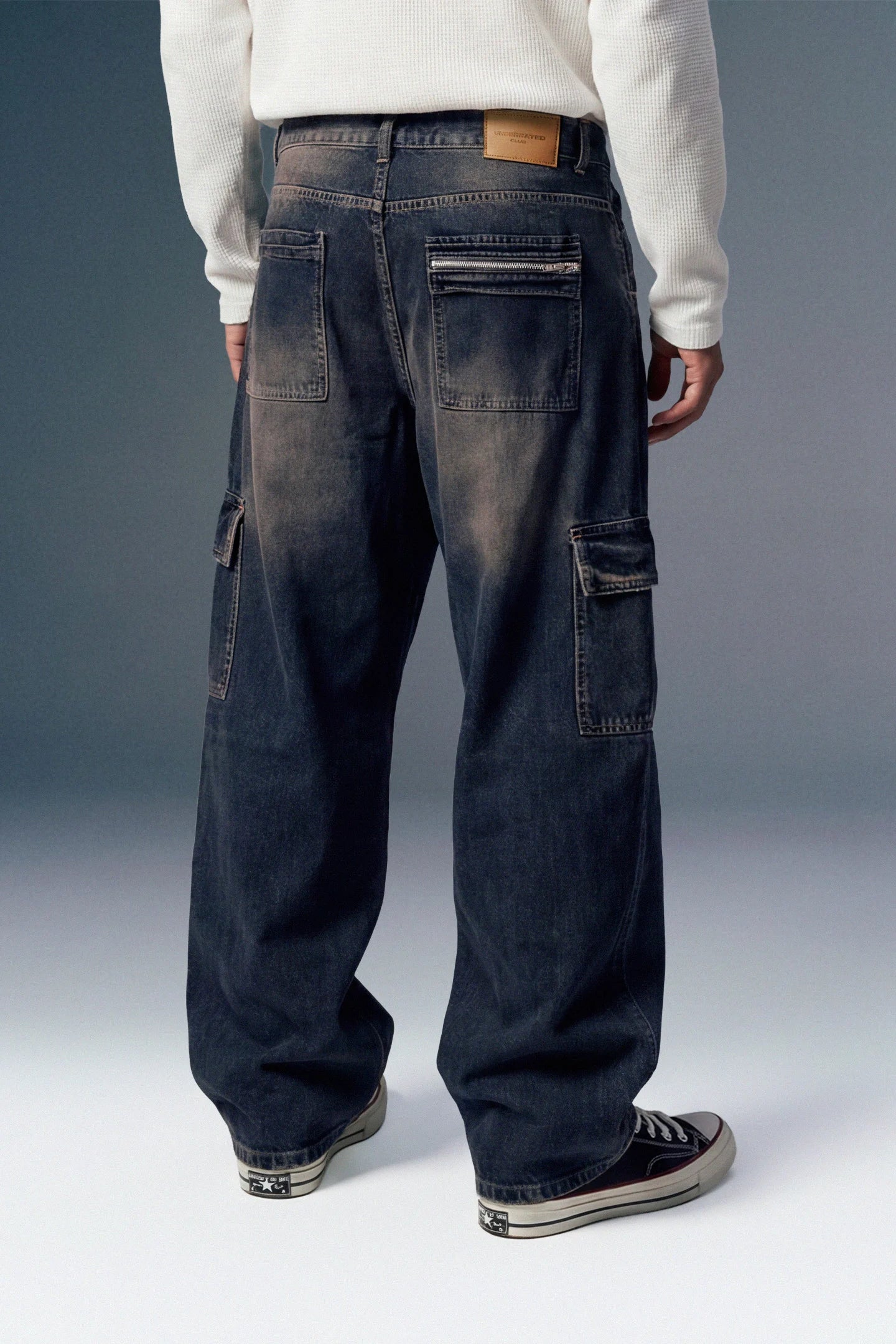Dark Grey Baggy Cargo Jeans Men — Front Pocket Detail | Multi-Pocket Streetwear Denim | URC
