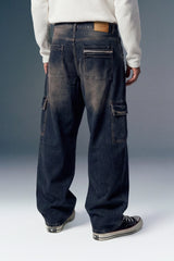 Dark Grey Baggy Cargo Jeans Men — Front Pocket Detail | Multi-Pocket Streetwear Denim | URC
