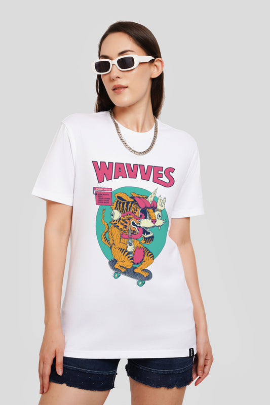 Wavves White Printed T-Shirt Women Boyfriend Fit