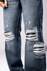 Close-up of the ripped knees on a pair of dark-wash blue jeans, with a circular inset magnifying the distressed fabric.