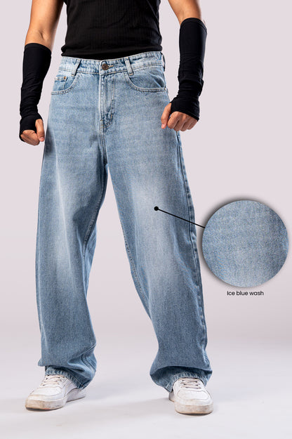 Front view of Ice Blue Wash baggy denim jeans with a close-up of the fabric texture.
