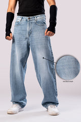 Front view of Ice Blue Wash baggy denim jeans with a close-up of the fabric texture.