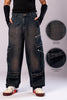 Front view of a person wearing dark, rusty-blue baggy cargo jeans, with two circular insets highlighting the 