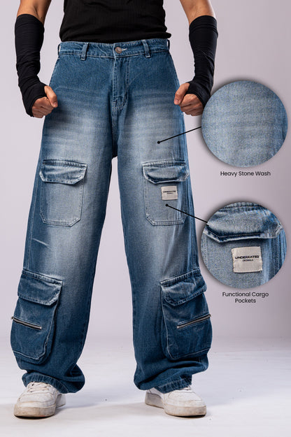 Front view of a person wearing light-wash blue baggy cargo jeans, with two circular insets highlighting the 