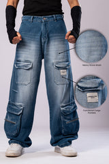 Front view of a person wearing light-wash blue baggy cargo jeans, with two circular insets highlighting the 