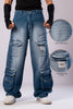 Front view of a person wearing light-wash blue baggy cargo jeans, with two circular insets highlighting the 