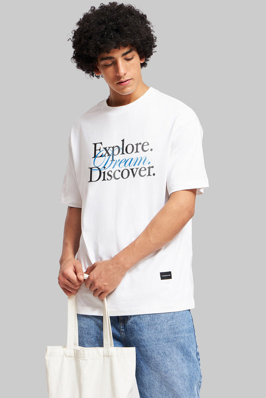 Explore Dream Discover White Oversized Fit T-Shirt Men Pic 1