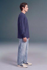 Navy Blue Solid Full Sleeves Oversized T-shirt