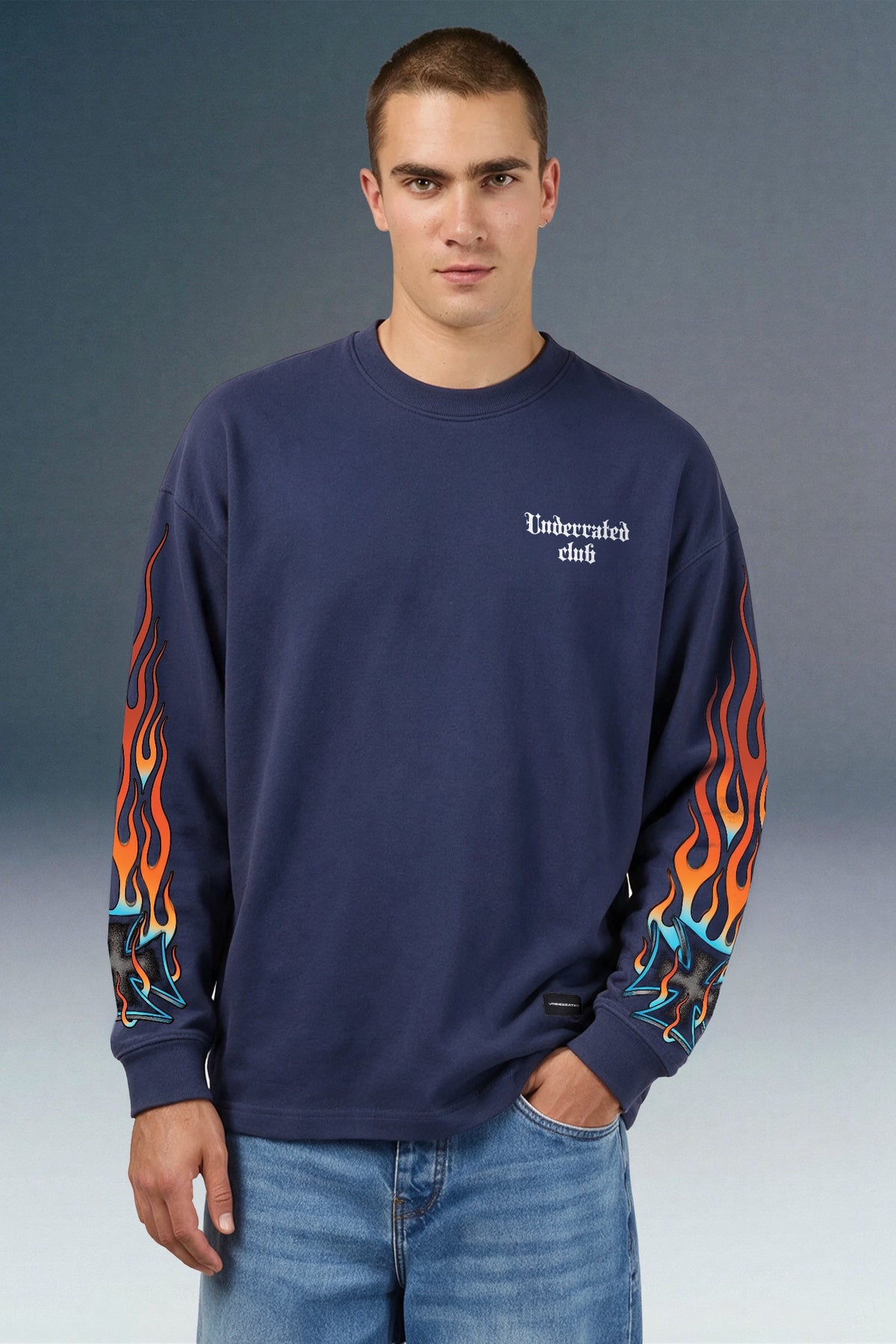 Underrated Ghost Flame Blue Full Sleeves Oversized T-shirt