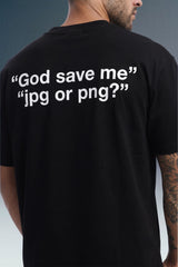 A man wearing a black t-shirt, viewed from the back. The shirt features the white printed text '