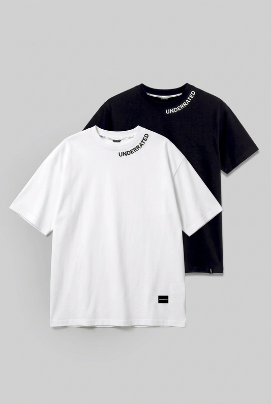 Pack of 2 Underrated Curve White Oversized & Black Regular Fit T-shirts