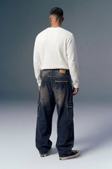 Dark Grey Washed Baggy Cargo Jeans for Men — Back View | Loose Fit Denim Streetwear | URC
