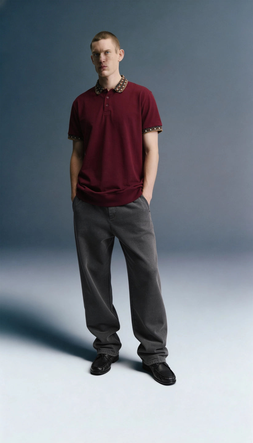 Maroon Patchwork Collar Polo T-Shirt