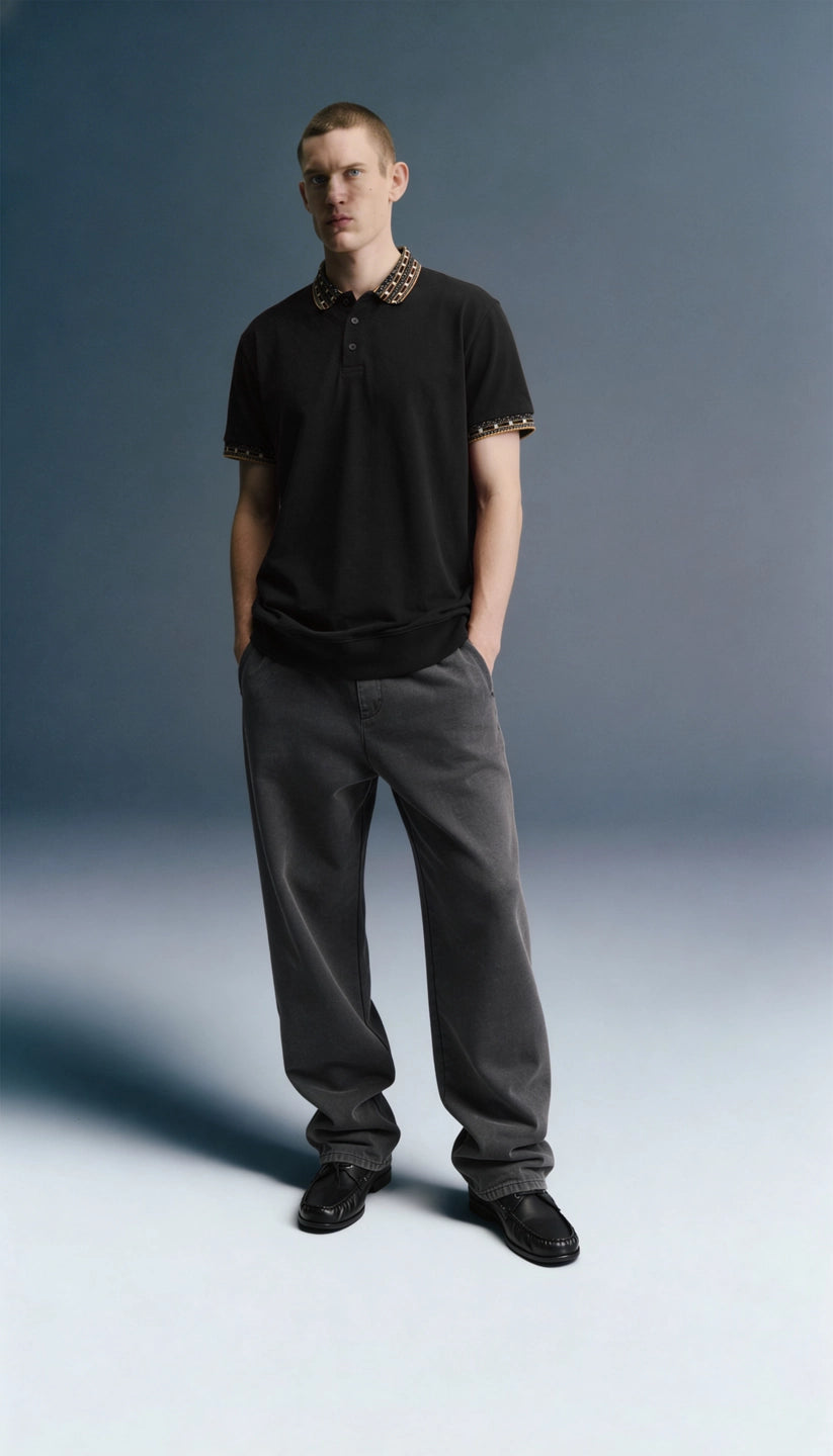 Black Patchwork Collar Polo T-Shirt