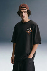 Tiger Eye Black Embroidered Oversized T-shirt Men