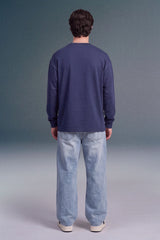 Navy Blue Solid Full Sleeves Oversized T-shirt