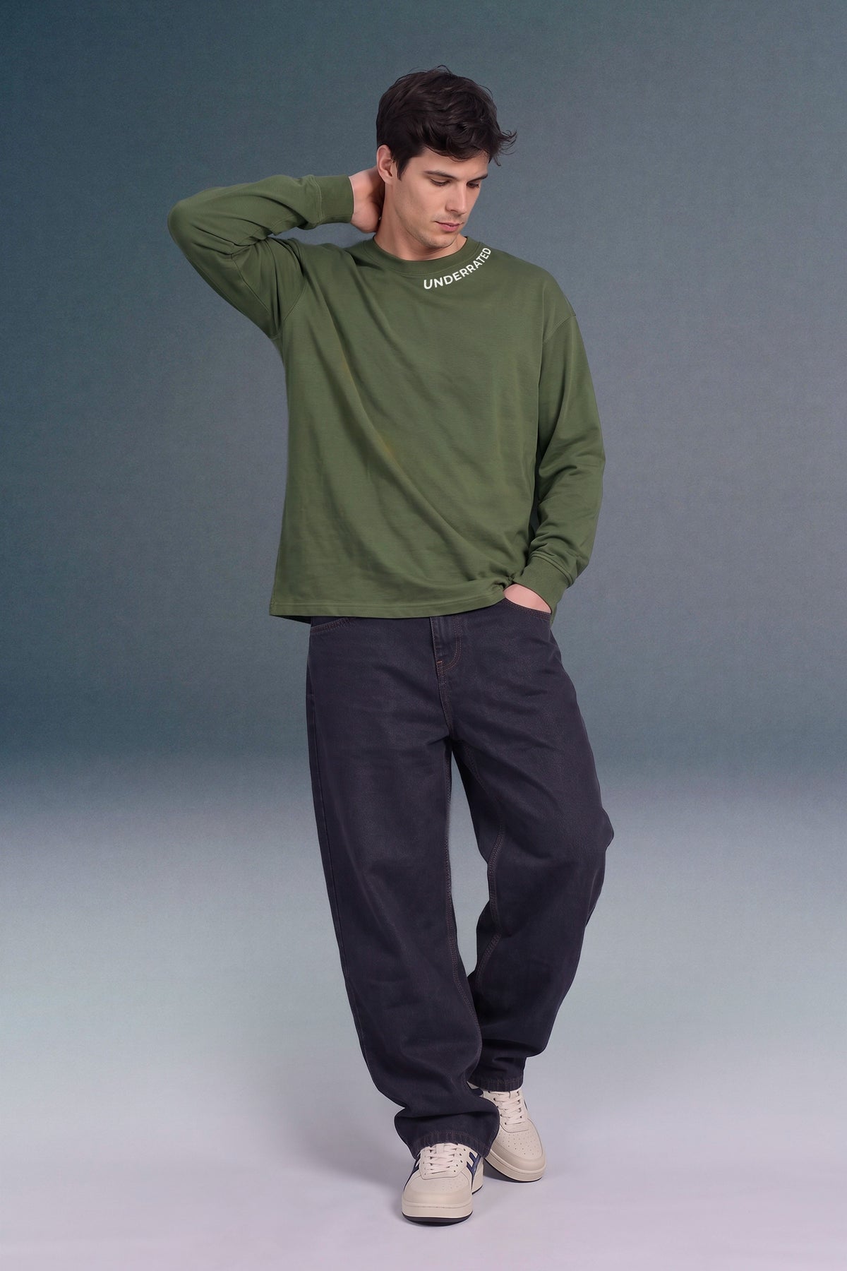 Underrated Curve Olive Green Full Sleeves Oversized T-shirt
