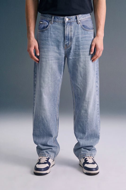Light Blue Mid Rise Men's Relaxed Fit Distressed Jeans
