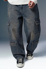 Men's Dark Grey Baggy Cargo Jeans — Relaxed Loose Fit | Washed Denim Streetwear Style
