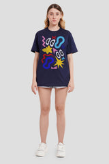 Doodled Print Navy Blue Boyfriend Fit T-Shirt Women