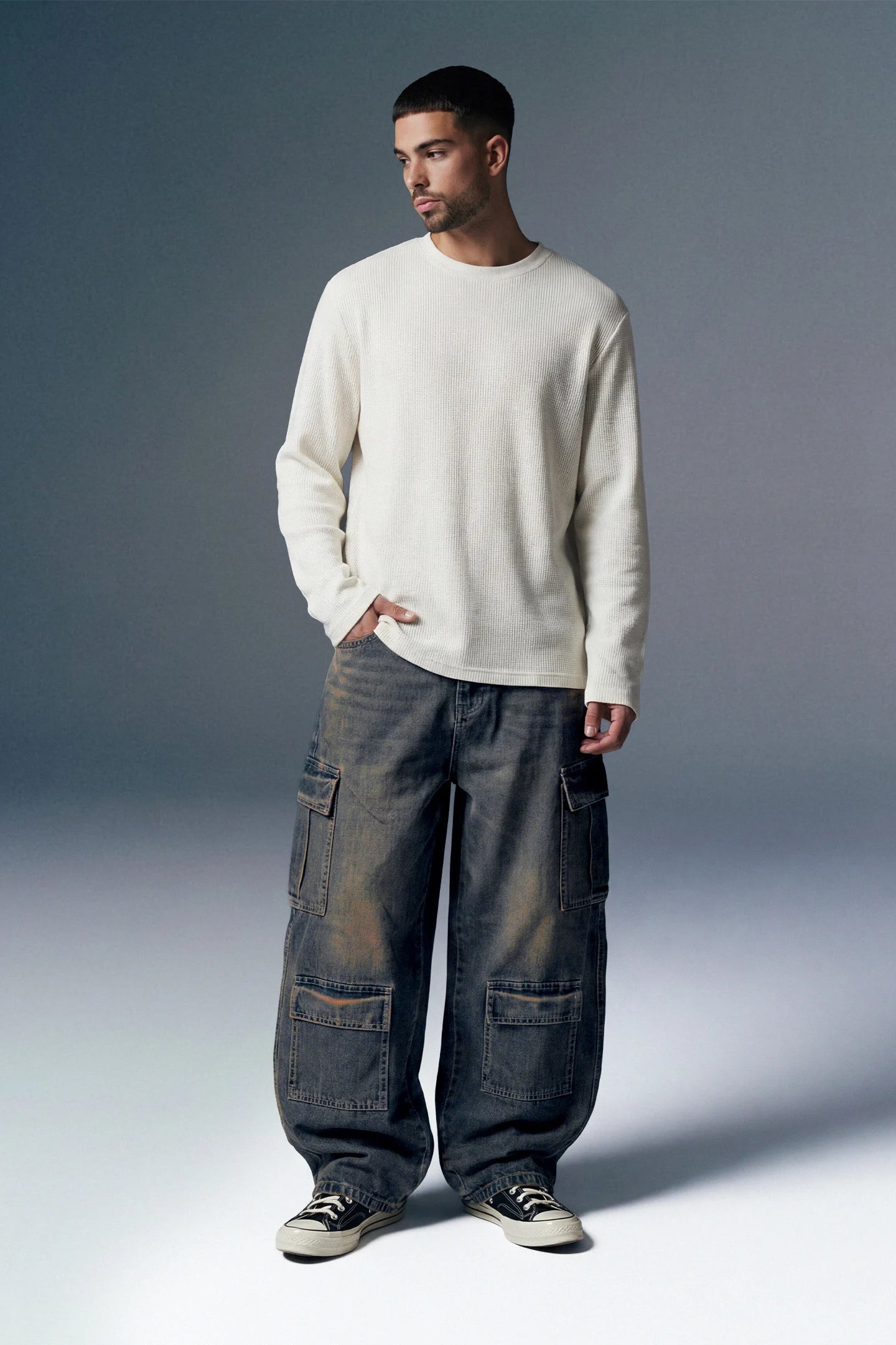 Baggy Cargo Jeans for Men in Dark Grey Wash — Full Length Streetwear Fit | Underrated Club

