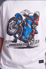 White short-sleeve graphic T-shirt featuring a large front print of a blue and red motorcycle with a rider and the word 'UNDERRATED' below it.