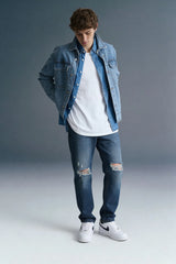Dark Blue Mid Rise Distressed Men's Relaxed Jeans