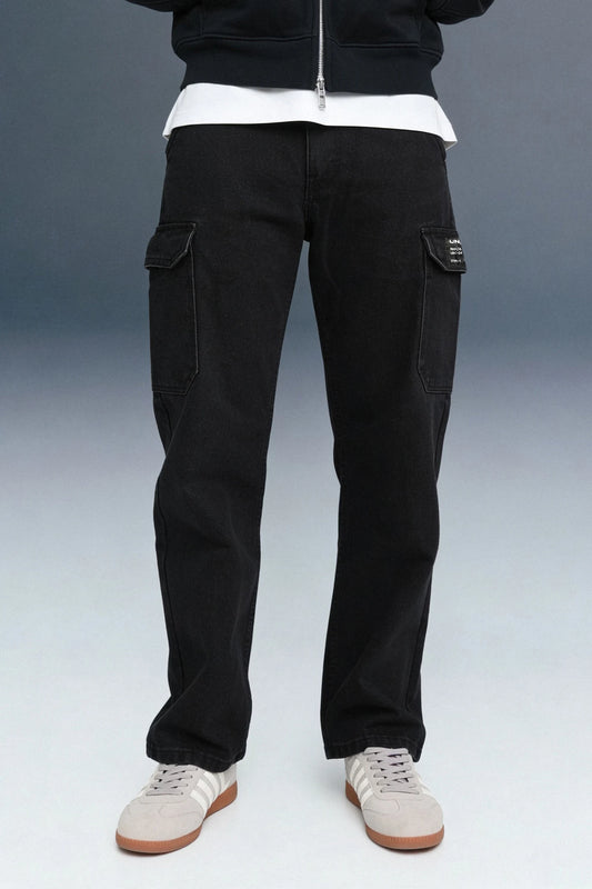 Jet Black 6-Pocket Cargo Jeans For Men - Mid Rise Relaxed Fit