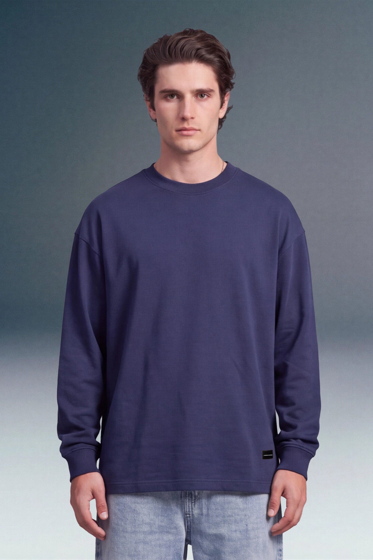 Navy Blue Solid Full Sleeves Oversized T-shirt