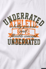 White crewneck t-shirt featuring a distressed graphic print with the words 'UNDERRATED ATHLETIC' in dark olive green and orange, with '6' and '12' in the center and 'flexible concept' in cursive script.