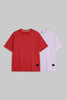 Two short-sleeve crewneck t-shirts displayed side-by-side on a solid gray background. The front t-shirt is a vibrant red, and the t-shirt behind it is a pale lavender purple.