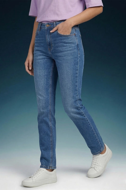 Blue Mid Rise Straight Women Jeans